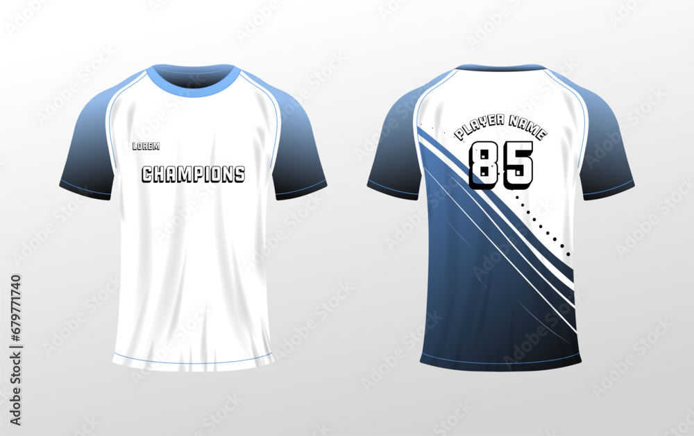 Naklejka premium Sports T-shirt mockup. Flat, color, t-shirt template back and front view, player name mockup, number 85, sports t-shirt mockup. Vector icons