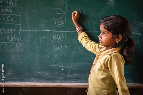 young Indian girl in classroom with blackboard, children and woman rights, education opportunity, Generative Ai photo