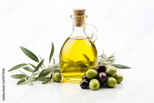 Bottle of natural extra virgin olive oil and green olives with leaves branch