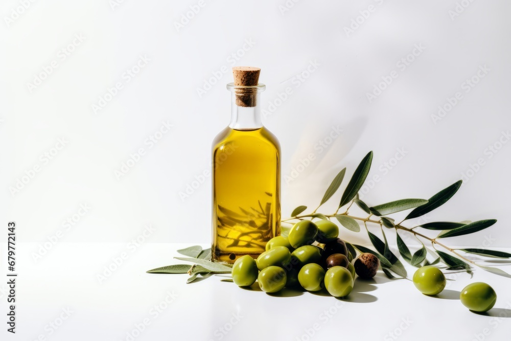 Bottle of natural extra virgin olive oil and green olives with leaves branch Bottle of natural extra virgin olive oil and green olives with leaves branch