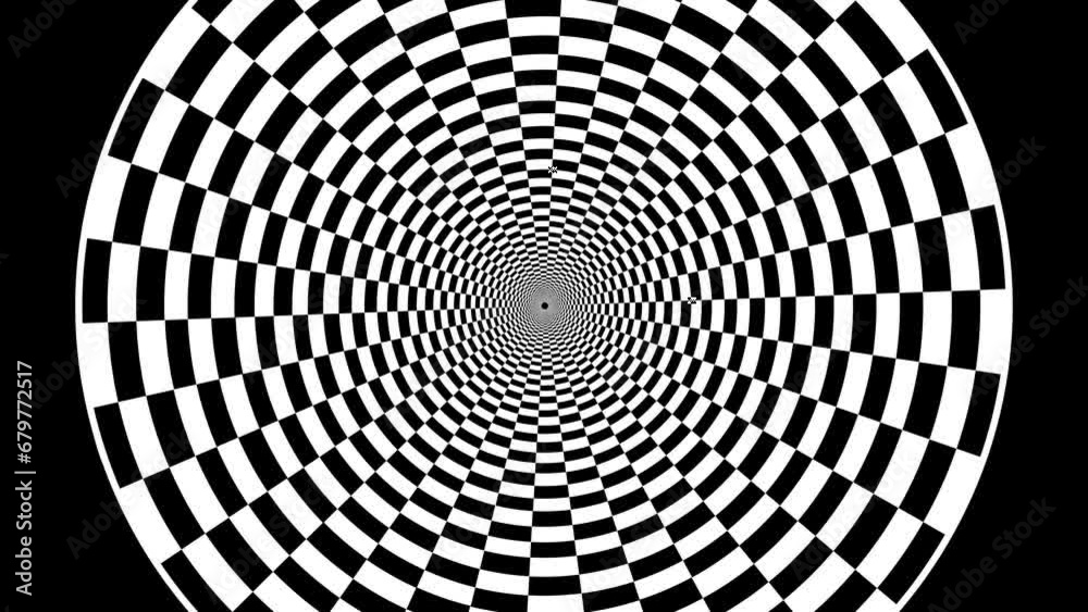 Cylinder tunnel square chess black and white rotating, checker board 3d animation, optical illusion loop footage abstract background for vj, dj, template, intro and outro video.