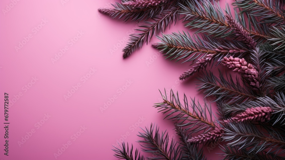  a pink background with pine needles and pine cones on top of a pink background with space for a text or image.
