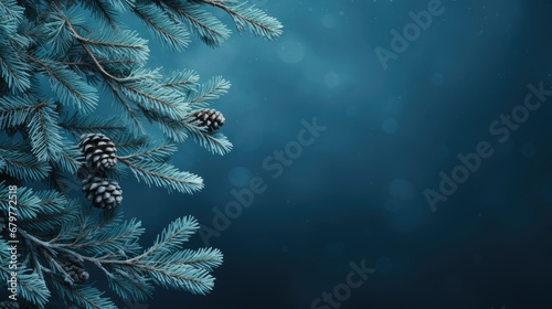  a close up of a pine tree branch with pine cones on top of it and snow flakes on the branches.