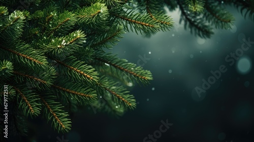  a close up of a pine tree branch with drops of water on the leaves and the background is blurry.