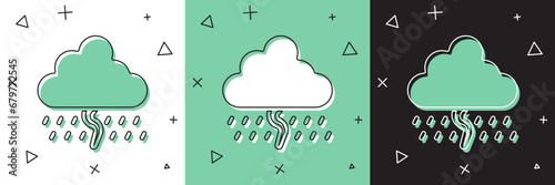 Set Cloud with rain and lightning icon isolated on white and green, black background. Rain cloud precipitation with rain drops.Weather icon of storm. Vector