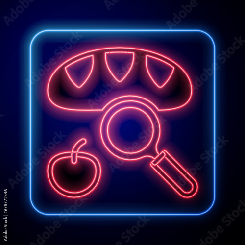 Glowing neon Searching for food icon isolated on black background. Homelessness and poverty concept. Vector