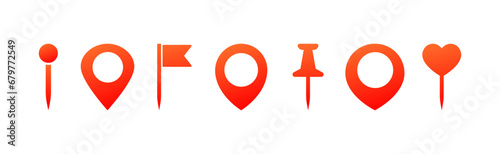 Location point icons. Flat, red, location point in different shapes, heart location point. Vector icons