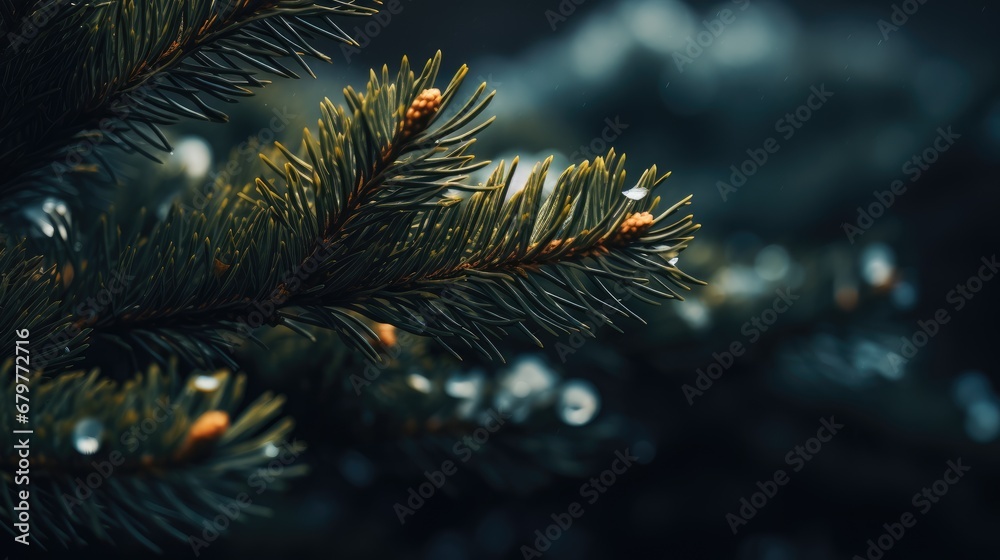  a close up of a pine tree branch with drops of water on the needles and a blurry background of snow on the branches.