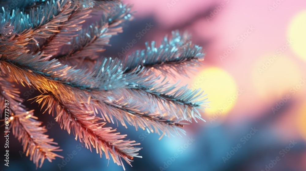  a close - up of a pine tree branch with blurry lights in the backround in the background.