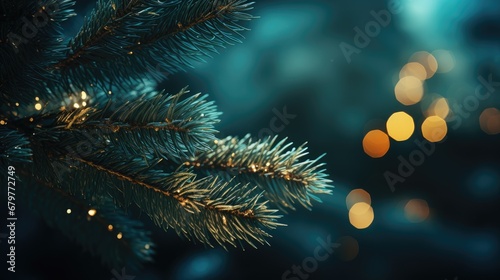  a close up of a pine tree with blurry lights in the background and a blurry blurry background.