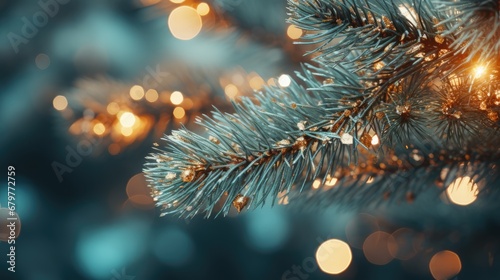  a close up of a pine tree with a blurry background of lights in the foreground and a blurry background of blurry lights in the background.