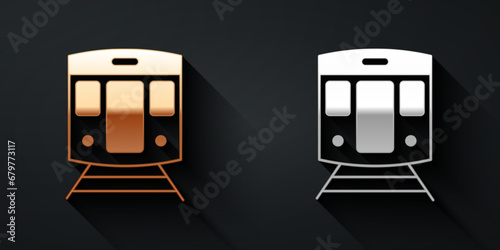 Gold and silver Train and railway icon isolated on black background. Public transportation symbol. Subway train transport. Metro underground. Long shadow style. Vector