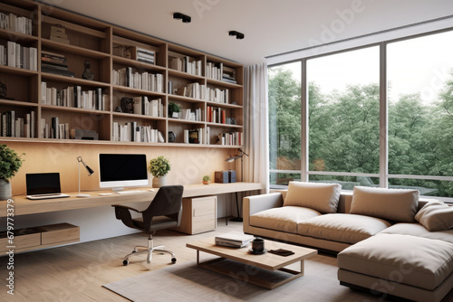 Modern home office in the living room, Convenient, comfortable, nice place to work, Remote work from home, Minimal interior decor design background.