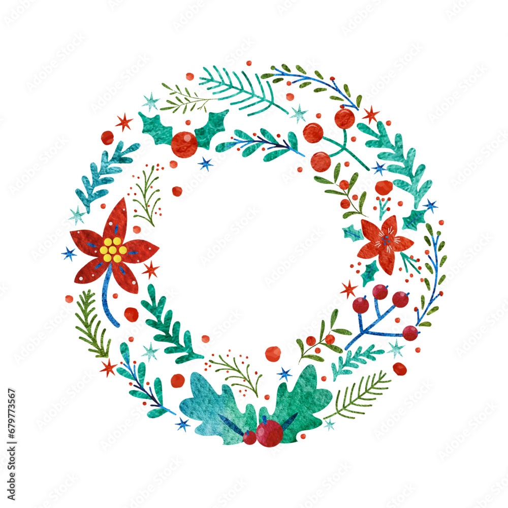 Watercolor christmas wreath design. Winter holiday season. Template, background, banner, card, poster. Vector illustration.