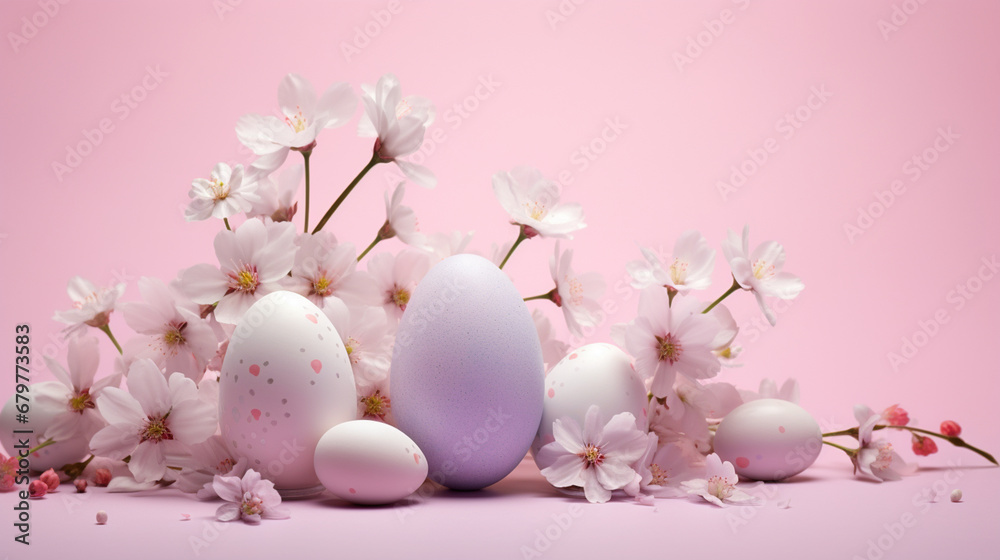 Happy Easter. Easter eggs and flowers on backgrounds. Place for text.Generative AI