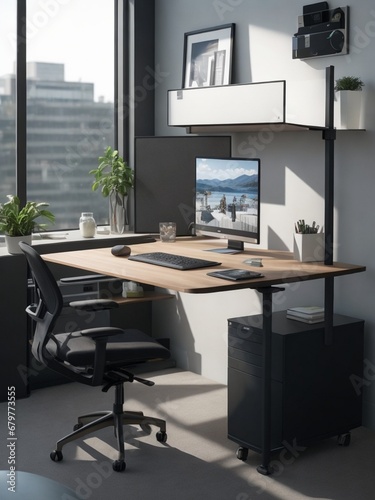 health first workspace UHD scene showcases a home office with an adjustable standing desk and ergonomic accessories work environment for well being