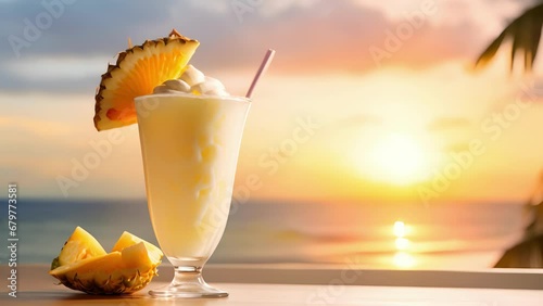 A creamy white mocktail reminiscent of a pina colada, with a delicate swirl of caramel drizzled on top. As the sun sets, the light catches the drink, making it look almost magical.
