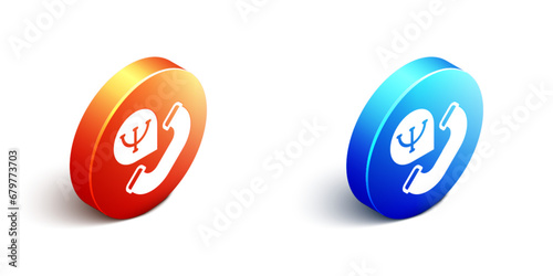 Isometric Online psychological counseling distance icon isolated on white background. Psychotherapy, psychological help, psychiatrist online consulting. Orange and blue circle button. Vector