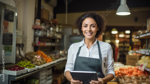 Smiling woman florist is using a tablet in a flower shop with a vibrant display of colorful flowers in the foreground. © MP Studio