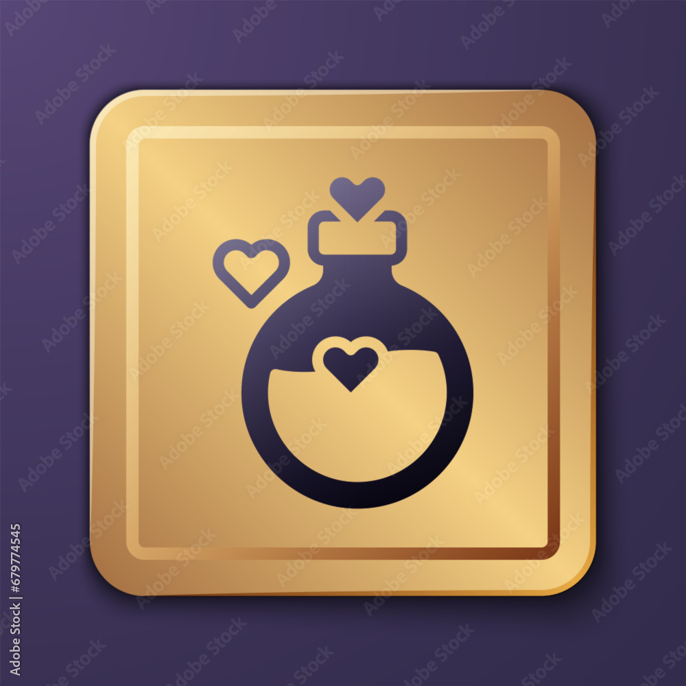 Purple Bottle with love potion icon isolated on purple background. Happy Valentines day. Gold square button. Vector Purple Bottle with love potion icon isolated on purple background. Happy Valentines day. Gold square button. Vector