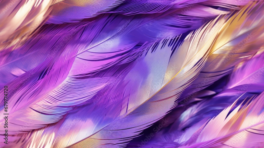  a close up view of a purple and gold feather pattern on a cell phone case, with a blurry image of a purple and gold feather pattern on a purple background.