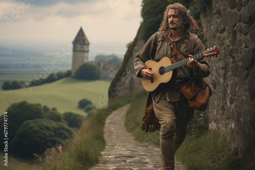 Wandering minstrel traveling through medieval landscapes photo