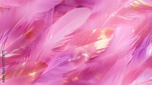  a close up of a pink background with lots of pink and gold feathers in the foreground and a blurry background of pink feathers in the foreground.