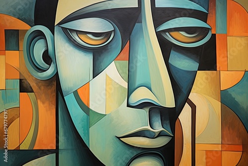 Illustration of an abstract face painted in cubism art style, Somber man in cubism and futurism painting style, Cubism art, AI Generated