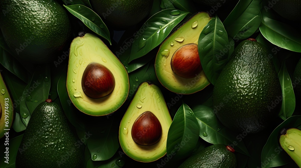 a pile of avocados with leaves and drops of water on them and one of them has an avocado cut in half. - obrazy, fototapety, plakaty 