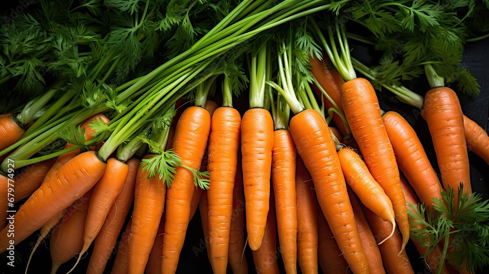 a pile of carrots with green tops and leaves on top of each of the tops of the carrots. a pile of carrots with green tops and leaves on top of each of the tops of the carrots.