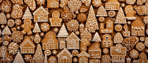 Christmas gingerbread cookies on a wooden background. Decorated with snowflakes and garlands.