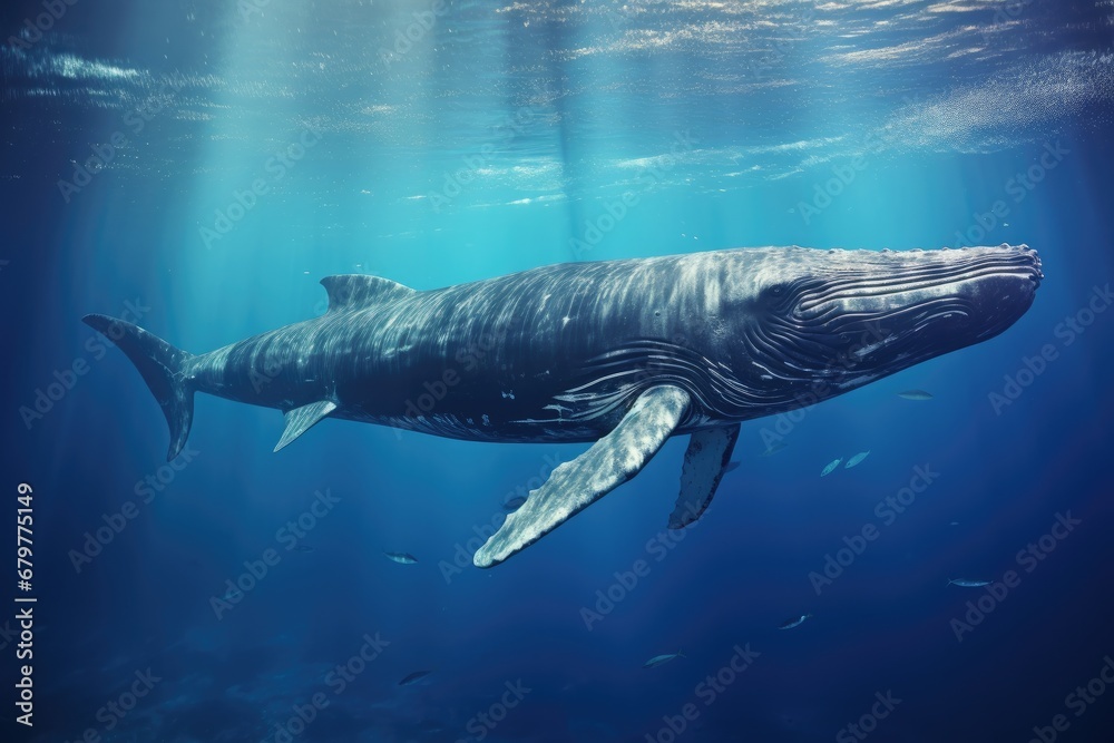 Humpback whale swimming underwater in deep blue ocean. Underwater scene, Sperm whale swimming underwater, AI Generated