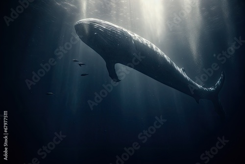 Whale swimming in the deep blue ocean with sun rays, underwater, Sperm whale next to a Freediver, AI Generated