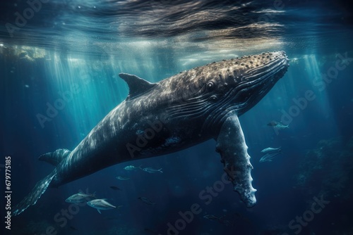 Humpback whale swimming underwater in deep blue ocean. Scientific name: Sperm whale, Sperm whale swimming underwater, AI Generated photo