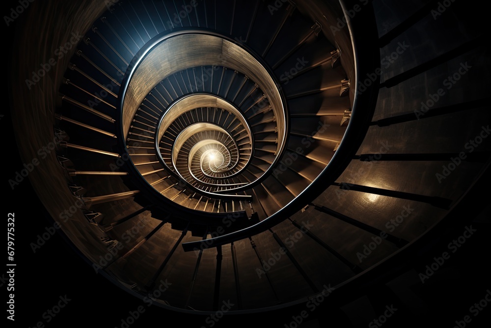 Spiral staircase in the dark. Close up view of spiral staircase, Spiral staircase in dark, AI Generated
