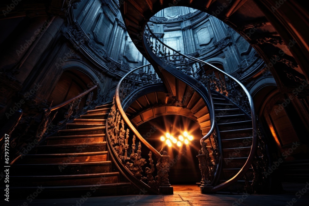 Fototapeta premium Stairs in St. Peter's Cathedral, London, England, Spiral staircase in dark, AI Generated