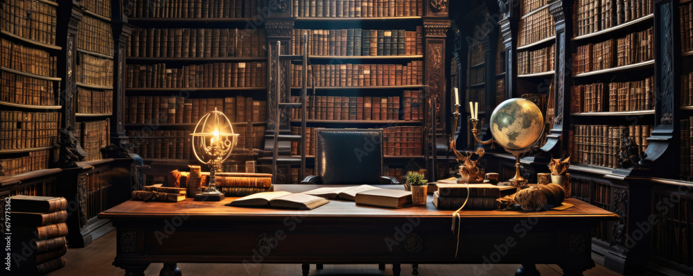 Old classic library with books on table - obrazy, fototapety, plakaty 