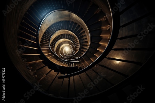 Spiral staircase in the dark. Close up view of spiral staircase, Spiral staircase in dark, AI Generated