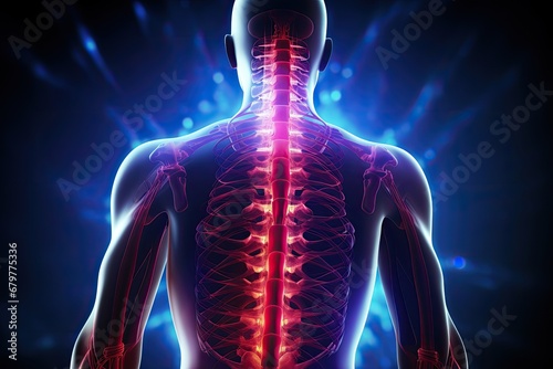 Human body anatomy x-ray view on dark blue background. 3D rendering, Spine injury pain in sacral and cervical region concept 3d render, AI Generated