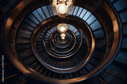 Luxury spiral staircase in the dark interior. 3d rendering  spiral staircase in the church. circular staircase from above. architecture concept  AI Generated