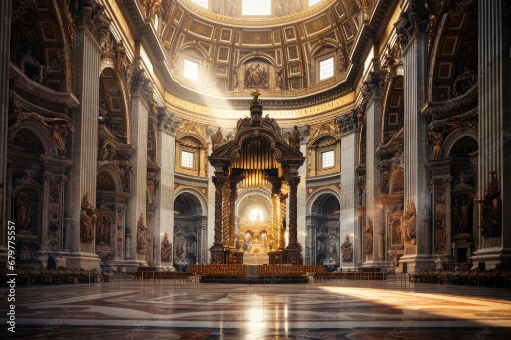 Interior of St. Peter's Basilica, Vatican City, Rome, Italy, St Peter Cathedral in Rome, Italy, AI Generated - obrazy, fototapety, plakaty 