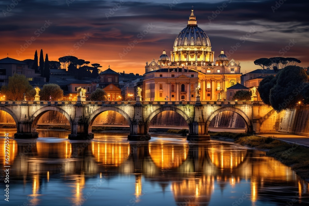 St. Peter's Basilica and Tiber river at sunset, Rome, Italy, St Peter Cathedral in Rome, Italy, AI Generated