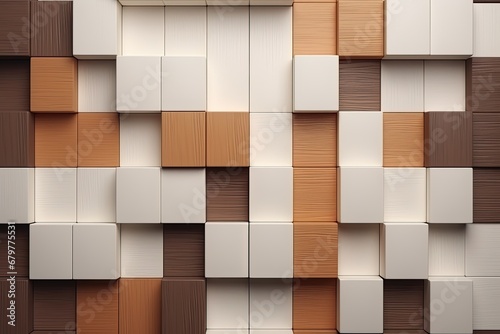 Fototapeta Naklejka Na Ścianę i Meble -  3d rendering of a set of wooden cubes in a square pattern, Square, Soft sheen Wall background with tiles. 3D, tile Wallpaper with Wood, AI Generated