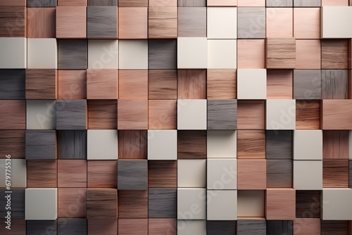 3d rendering of a wooden background with a lot of different colors, Square, Soft sheen Wall background with tiles. 3D, tile Wallpaper with Wood, AI Generated