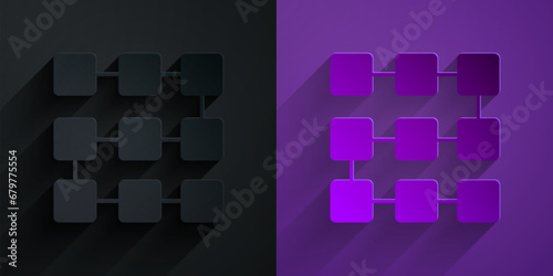 Paper cut NFT blockchain technology icon isolated on black on purple background. Non fungible token. Digital crypto art concept. Paper art style. Vector