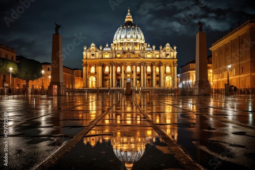 St. Peter's Basilica in Vatican at night, Rome, Italy, St Peter Cathedral in Rome, Italy, AI Generated