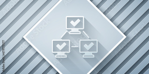 Paper cut NFT blockchain technology icon isolated on grey background. Non fungible token. Digital crypto art concept. Paper art style. Vector