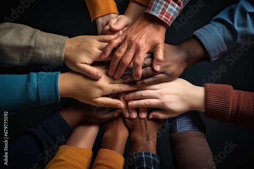 Hands of multiethnic people forming a circle on black background, Stack of hands showing unity and teamwork, AI Generated © Iftikhar alam