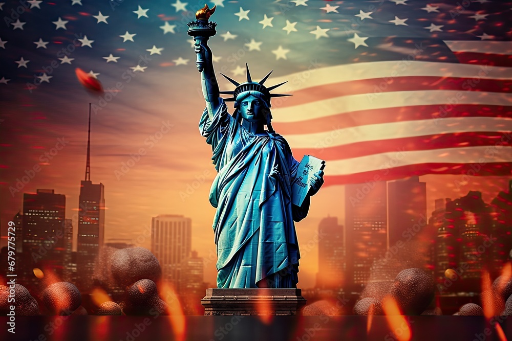 Fototapeta premium Statue of Liberty and New York City skyline on background. USA concept, Statue of Liberty with USA flag and fireworks. American Independence Day, AI Generated