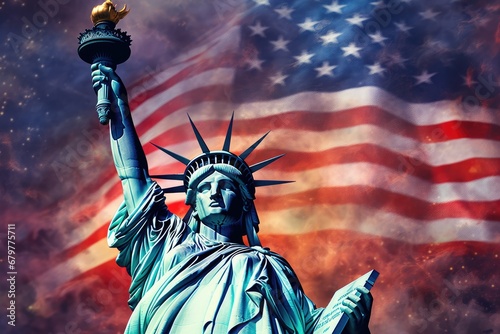 Statue of Liberty with American flag in the background, USA, Statue of Liberty and fireworks on the background of the American flag, AI Generated